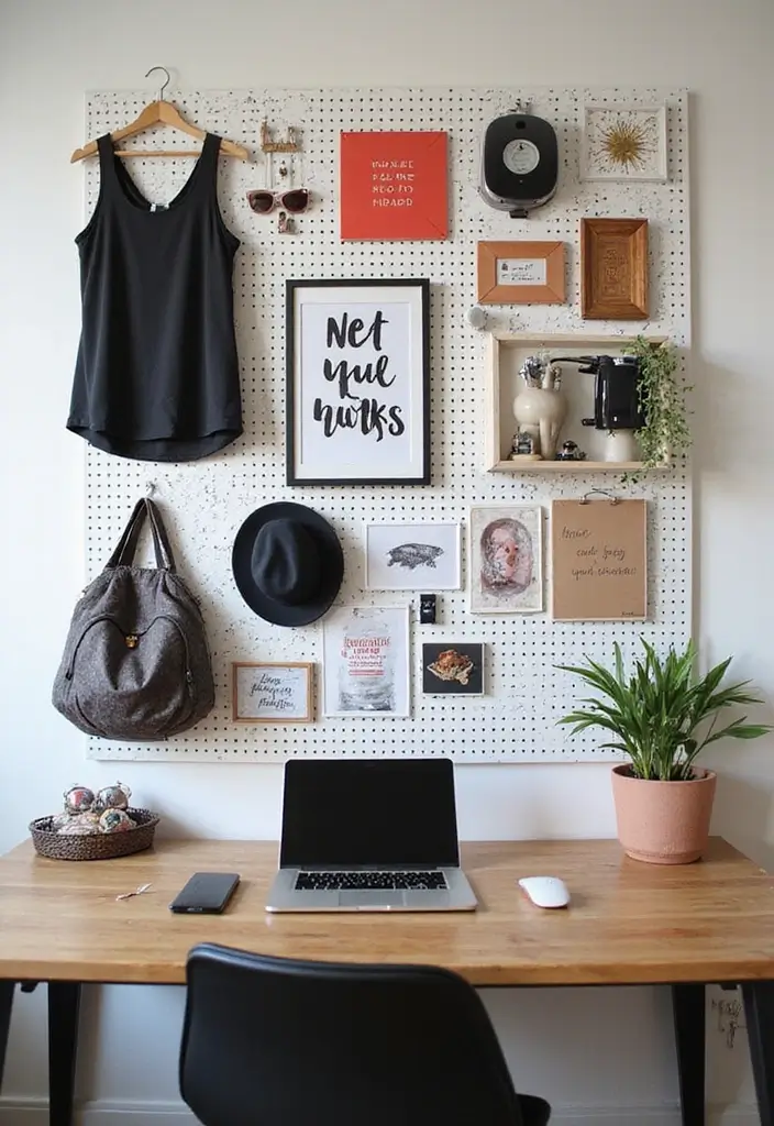 30 Home Office + Gym Combo Ideas That Save Space Like Crazy - 26. Creative Pegboard Wall for Gear and Inspiration