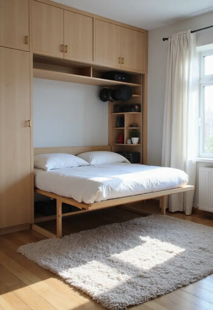 30 Home Office + Gym Combo Ideas That Save Space Like Crazy - 4. Murphy Bed with a Home Gym Setup
