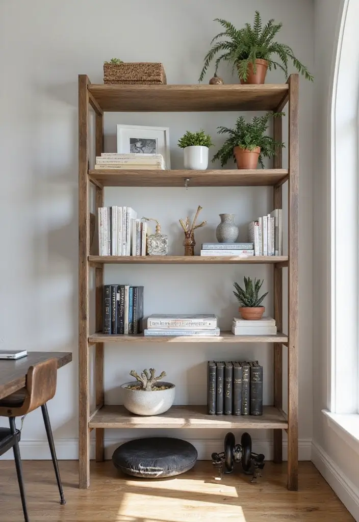 30 Home Office + Gym Combo Ideas That Save Space Like Crazy - 5. Shelving Unit with Workout Space Below