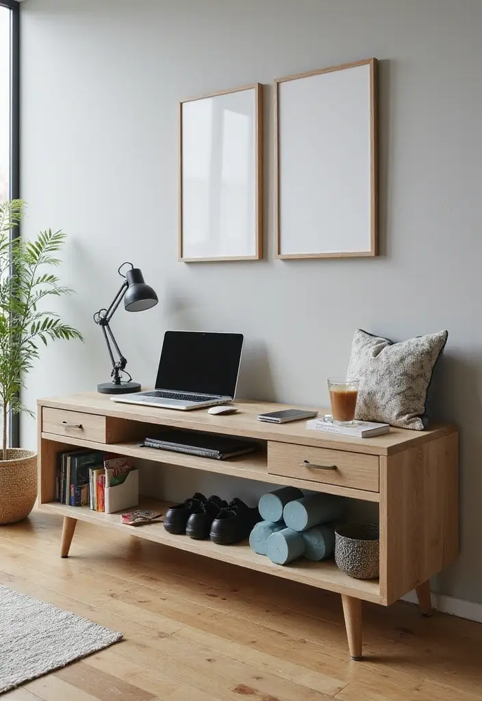 30 Home Office + Gym Combo Ideas That Save Space Like Crazy - 7. Bench with Storage for Desk Supplies