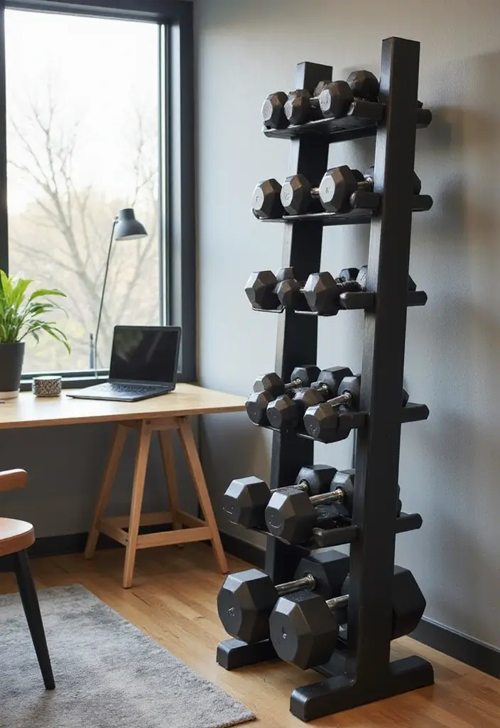 30 Home Office + Gym Combo Ideas That Save Space Like Crazy - 8. Vertical Dumbbell Rack with Desk Space