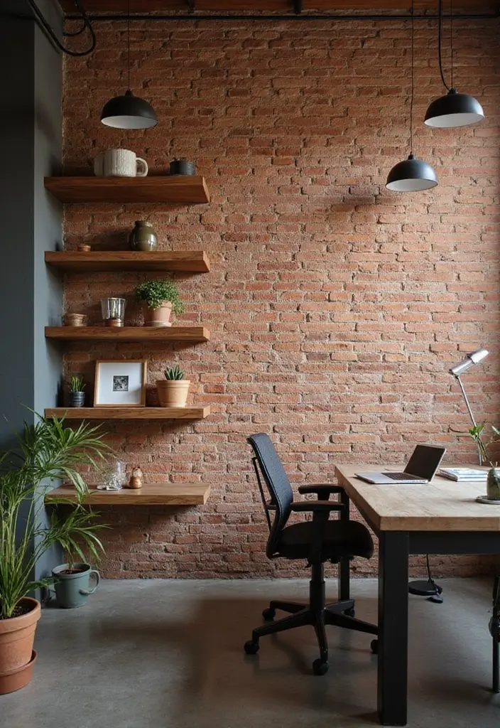 30 Industrial Home Office Ideas with Brick - 1. Rustic Brick Accent Wall