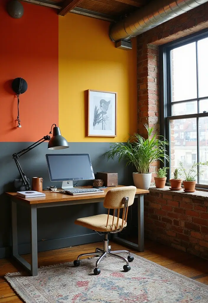 30 Industrial Home Office Ideas with Brick - 10. Bold Color Accents