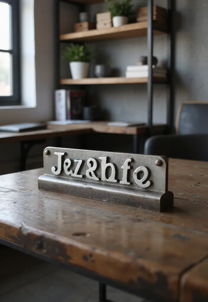30 Industrial Home Office Ideas with Brick - 11. Customized Metal Nameplate