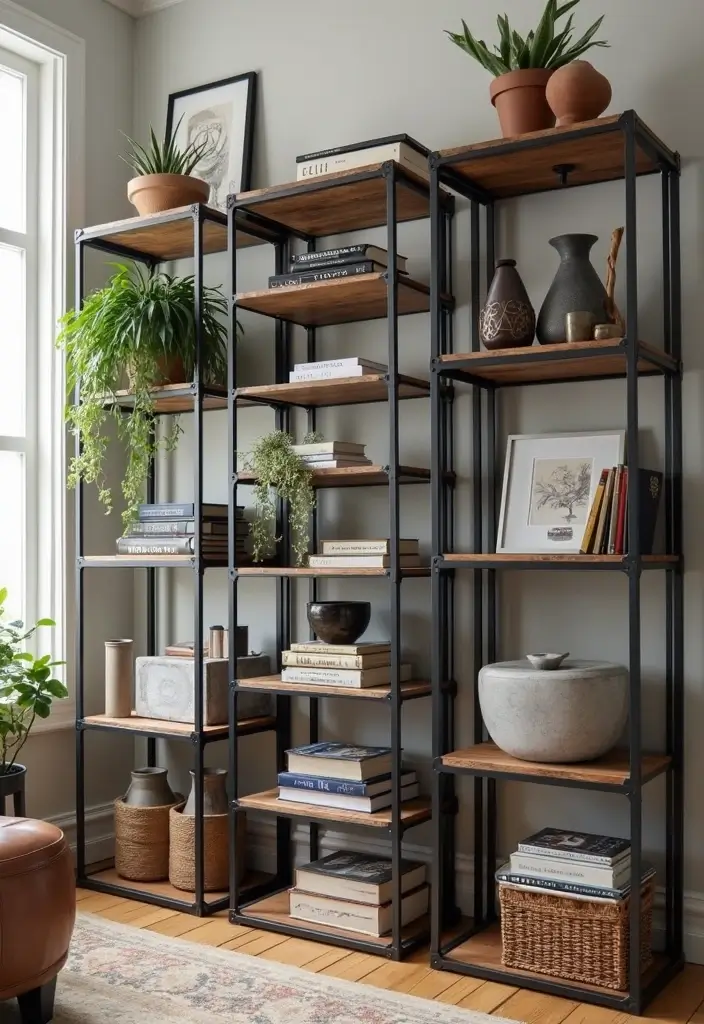 30 Industrial Home Office Ideas with Brick - 12. Industrial-inspired Bookshelves