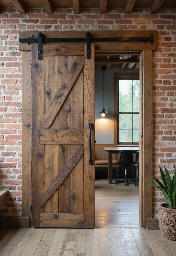 30 Industrial Home Office Ideas with Brick - 14. Industrial Sliding Barn Door