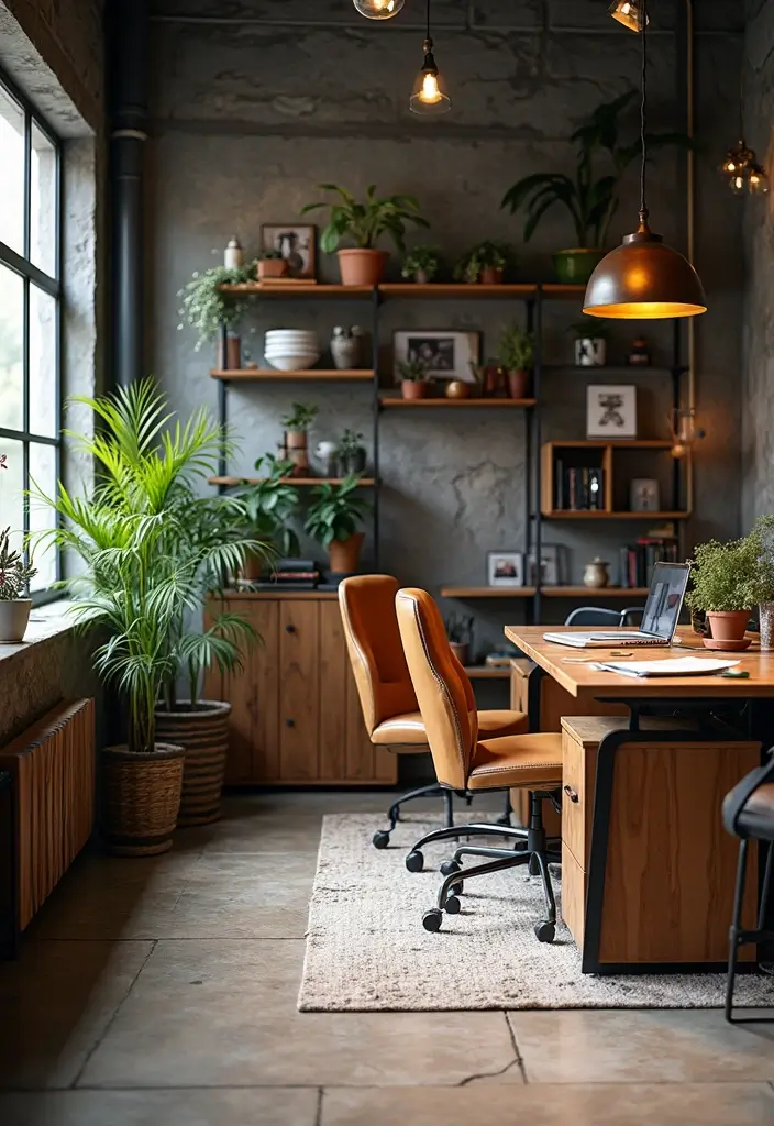 30 Industrial Home Office Ideas with Brick - 18. Mixed Materials Decor