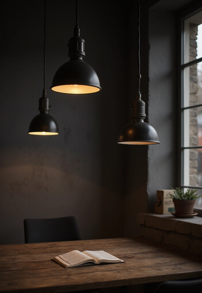 30 Industrial Home Office Ideas with Brick - 3. Moody Lighting Fixtures
