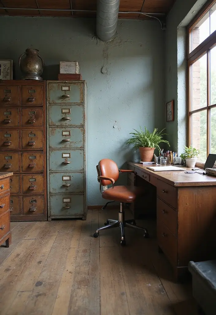 30 Industrial Home Office Ideas with Brick - 4. Vintage Metal Accents