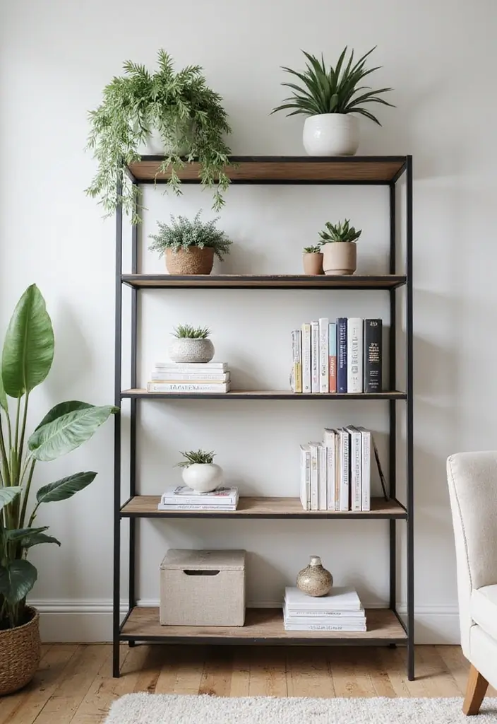 30 Industrial Home Office Ideas with Brick - 6. Minimalist Metal Shelving