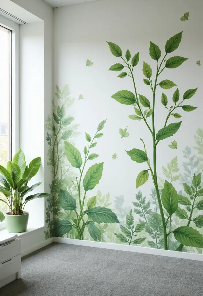 30 Light Green Office Ideas for Peaceful Focused Energy - 13. Green-Themed Wall Decals