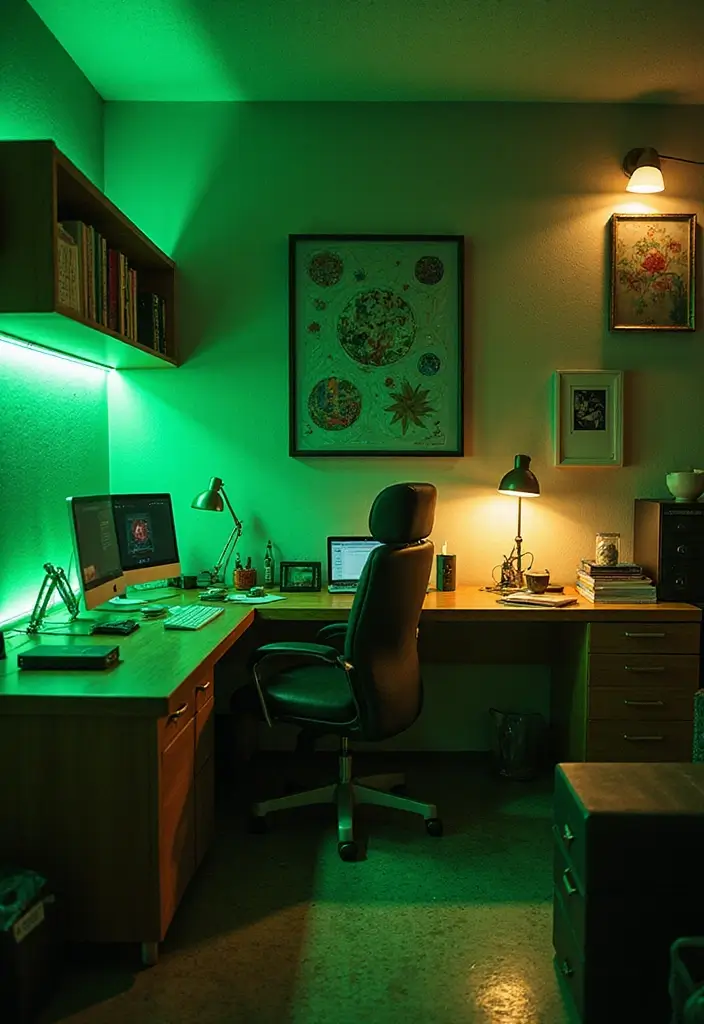 30 Light Green Office Ideas for Peaceful Focused Energy - 14. Green Accent Lighting