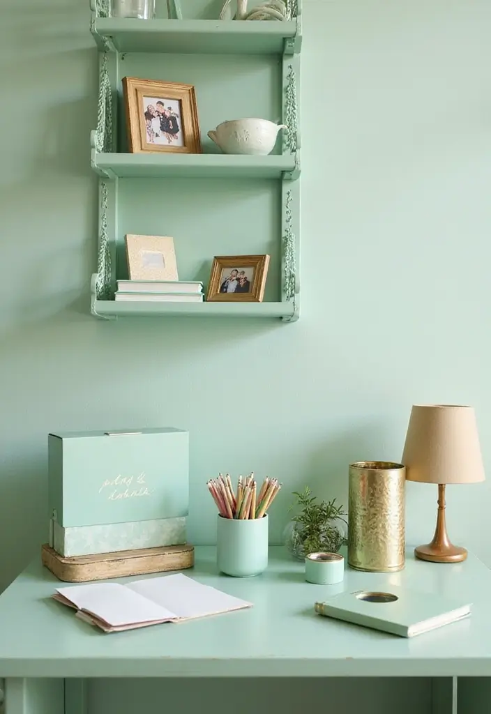 30 Light Green Office Ideas for Peaceful Focused Energy - 18. Green Accessories for Personal Touch