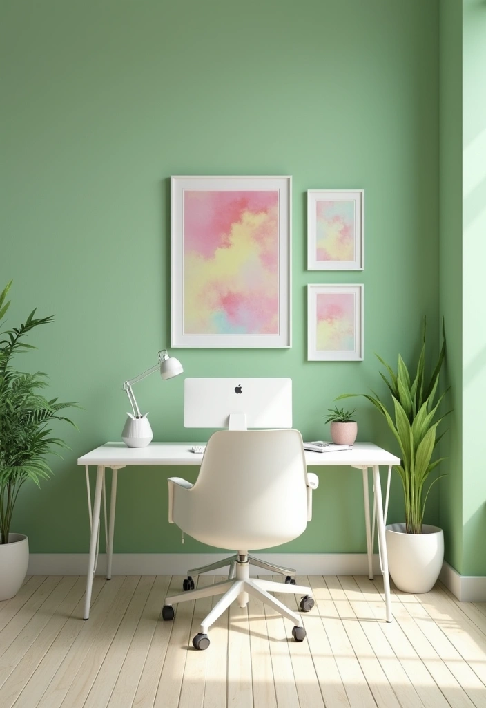 30 Light Green Office Ideas for Peaceful Focused Energy - 2. Soft Green Wall Paint