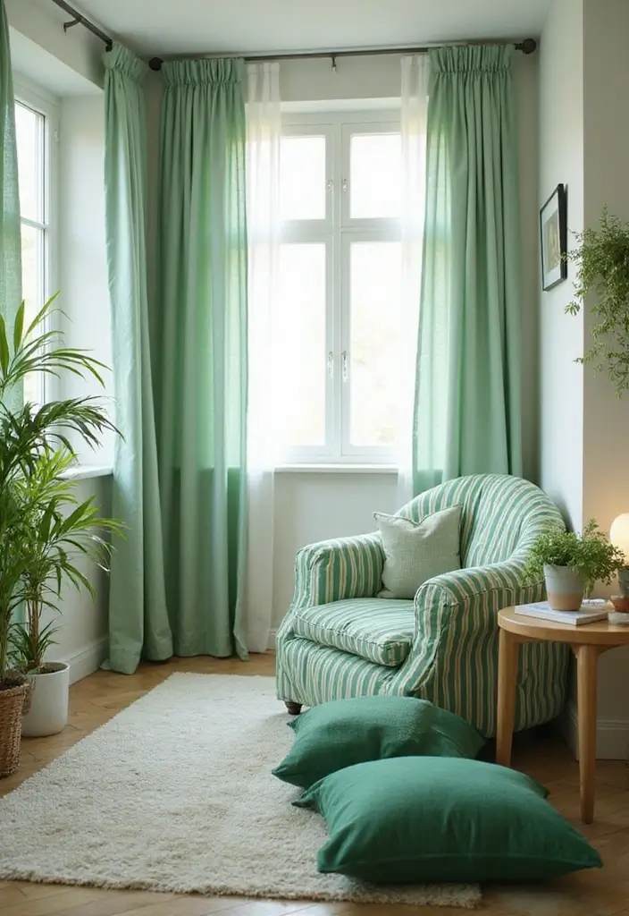 30 Light Green Office Ideas for Peaceful Focused Energy - 22. Green and White Striped Accents