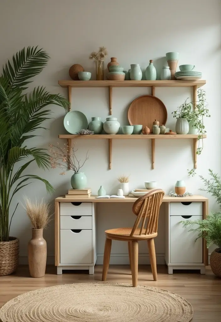 30 Light Green Office Ideas for Peaceful Focused Energy - 26. Green Decor Items from Local Artisans