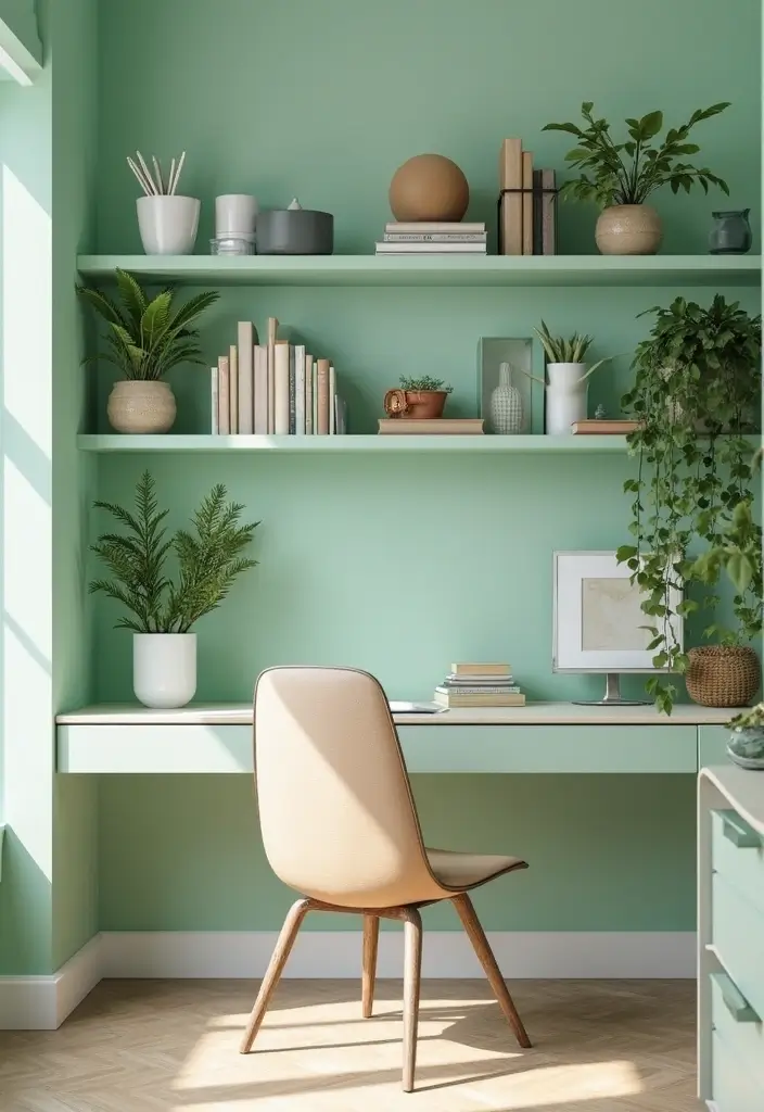 30 Light Green Office Ideas for Peaceful Focused Energy - 28. Light Green Shelving Solutions