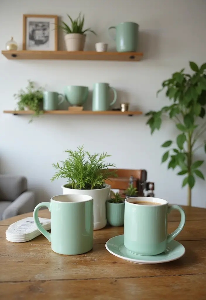 30 Light Green Office Ideas for Peaceful Focused Energy - 29. Green-Themed Coffee Station