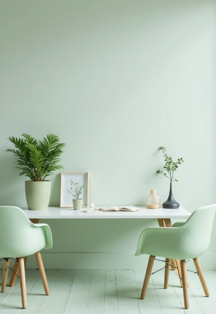30 Light Green Office Ideas for Peaceful Focused Energy - 4. Minimalist Green Decor