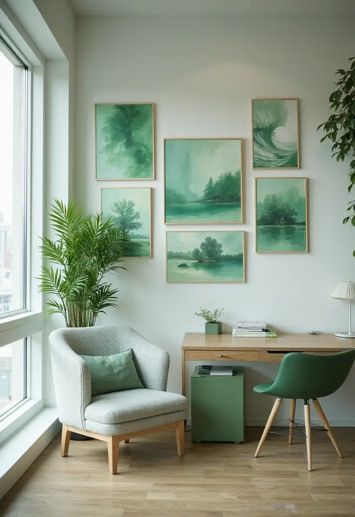 30 Light Green Office Ideas for Peaceful Focused Energy - 5. Green-Themed Art