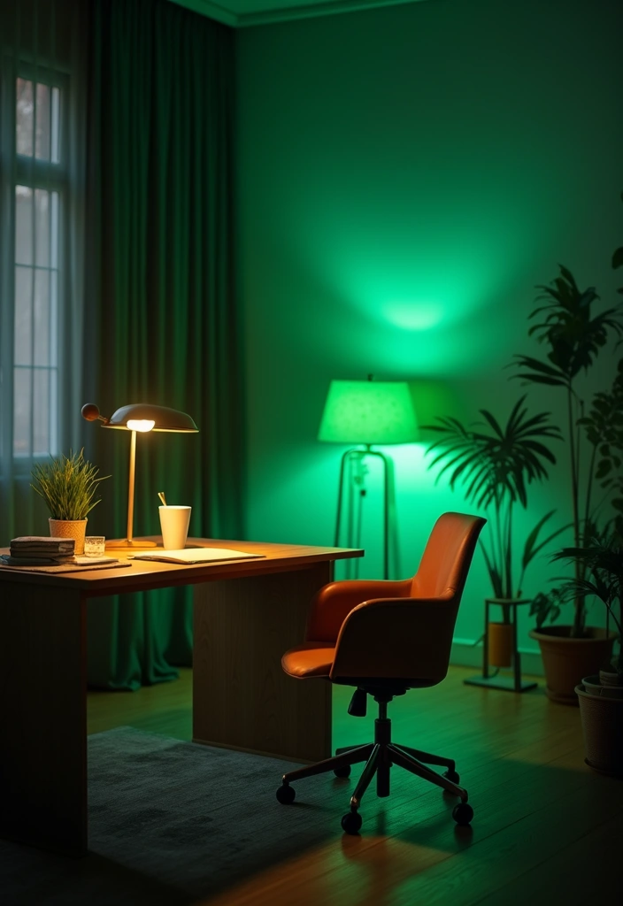 30 Light Green Office Ideas for Peaceful Focused Energy - 8. Green Lighting Options