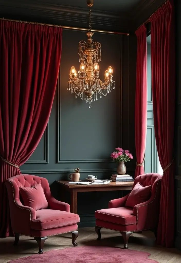 30 Moody Home Office Ideas with Dark - 1. Enclosed Velvet Sanctuary