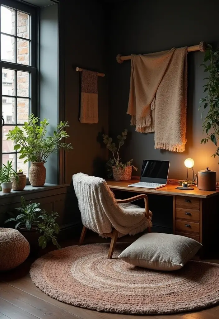 30 Moody Home Office Ideas with Dark - 10. Cozy Textures