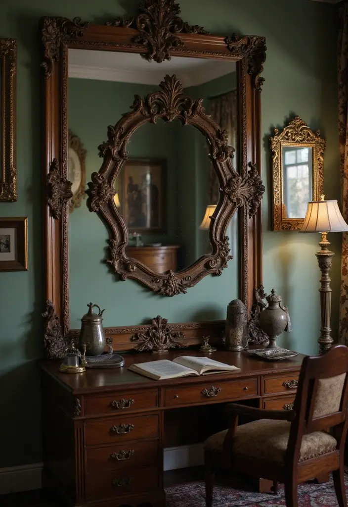 30 Moody Home Office Ideas with Dark - 11. Vintage Mirrors
