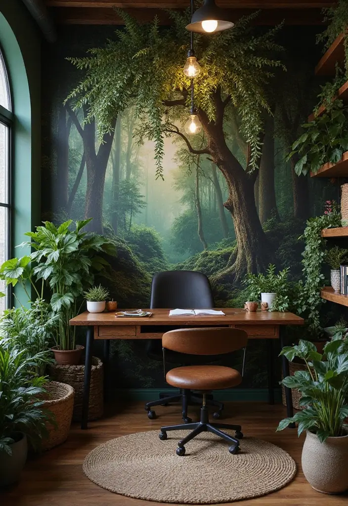 30 Moody Home Office Ideas with Dark - 13. Enchanted Forest Theme