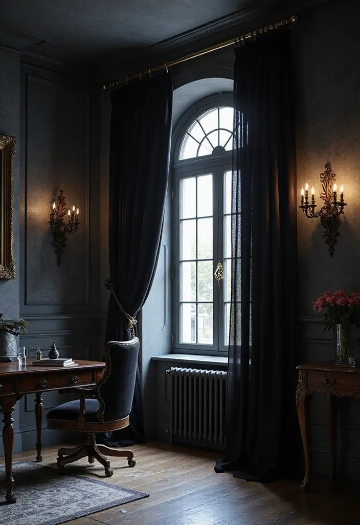 30 Moody Home Office Ideas with Dark - 14. Dramatic Curtains