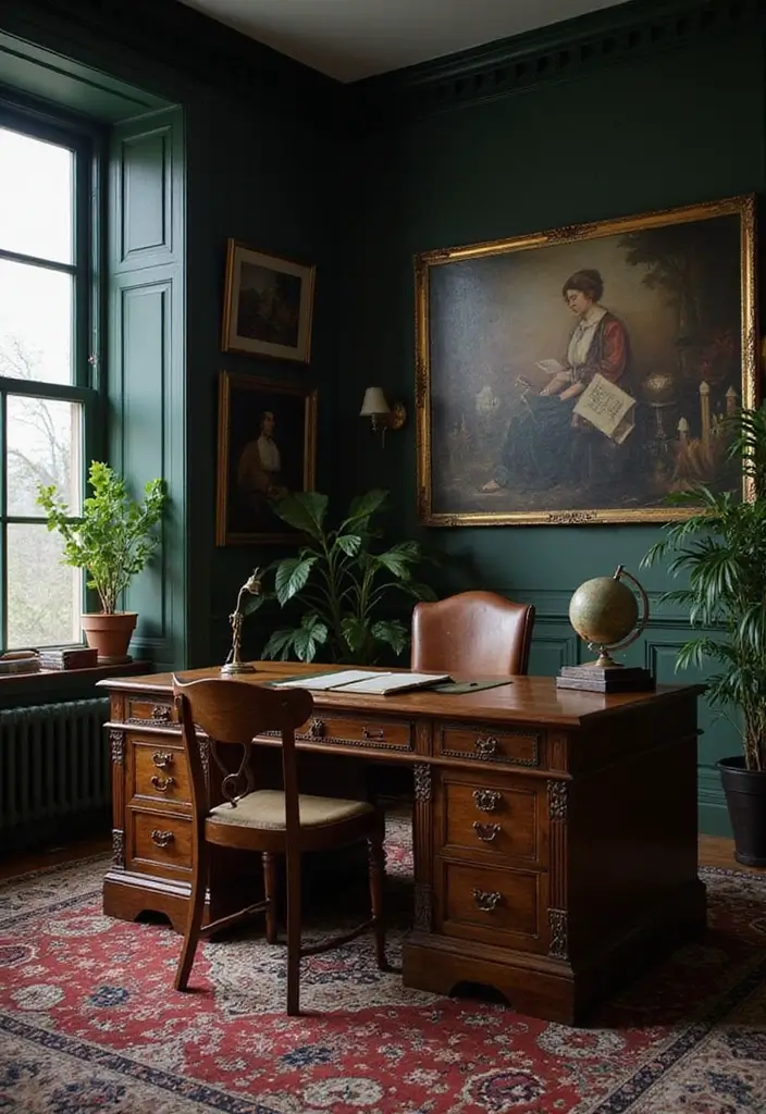30 Moody Home Office Ideas with Dark - 2. Antique Elegance