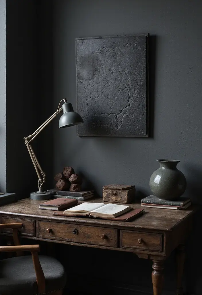 30 Moody Home Office Ideas with Dark - 21. Artistic Desk Accessories