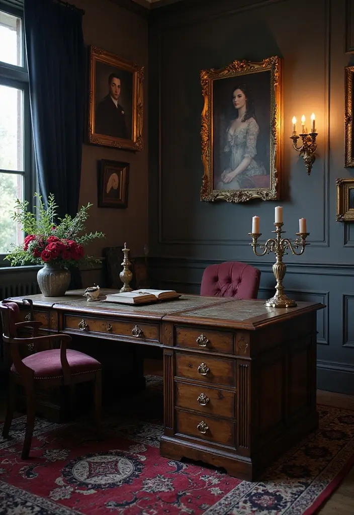 30 Moody Home Office Ideas with Dark - 23. Gothic Charm