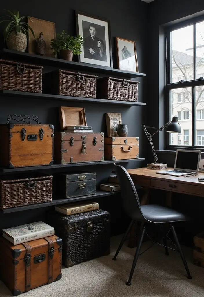30 Moody Home Office Ideas with Dark - 25. Unique Storage Solutions