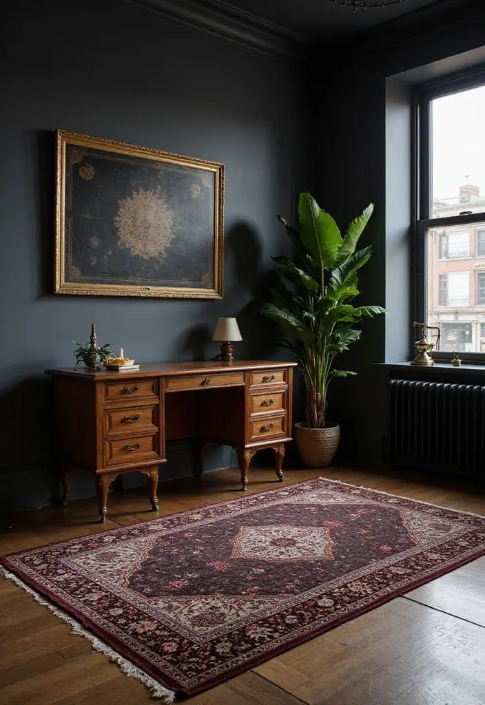 30 Moody Home Office Ideas with Dark - 29. Elegant Dark Rugs