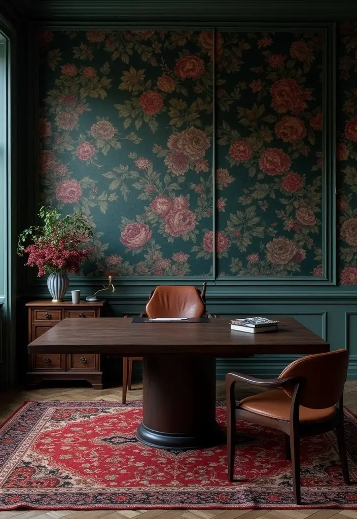 30 Moody Home Office Ideas with Dark - 6. Dark Floral Accents