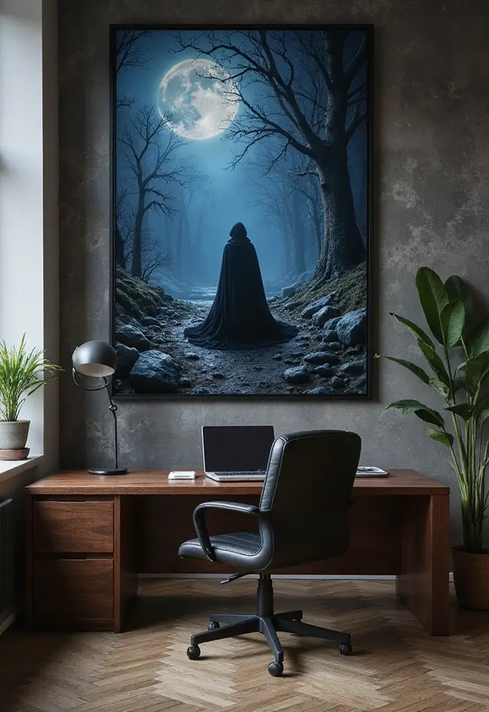 30 Moody Home Office Ideas with Dark - 8. Dark Wall Art