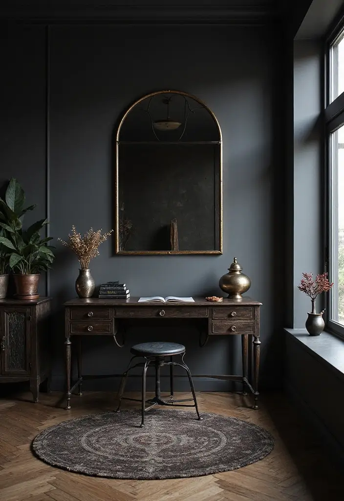 30 Moody Home Office Ideas with Dark - 9. Dark Metallic Accents