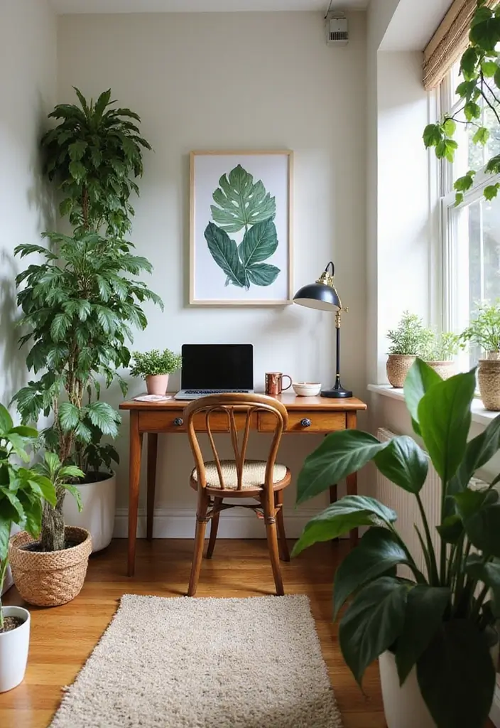 30 Narrow Home Office Layout Ideas for the Smallest Corners - 10. Nature-Inspired Decor