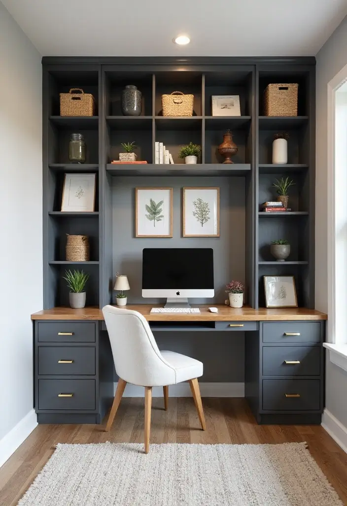 30 Narrow Home Office Layout Ideas for the Smallest Corners - 16. Desk with Built-in Storage