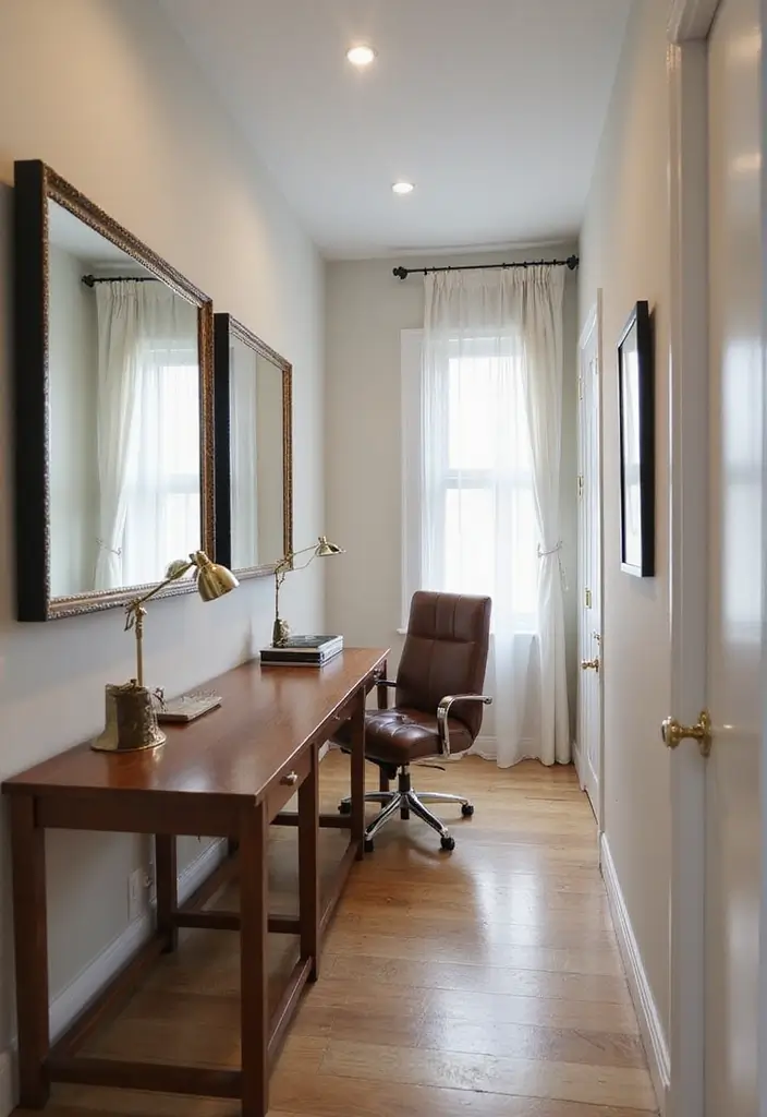 30 Narrow Home Office Layout Ideas for the Smallest Corners - 18. Use Mirrors to Enhance Space