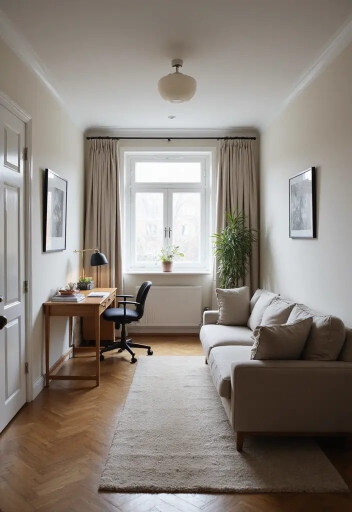 30 Narrow Home Office Layout Ideas for the Smallest Corners - 19. Incorporate a Small-Scale Sofa