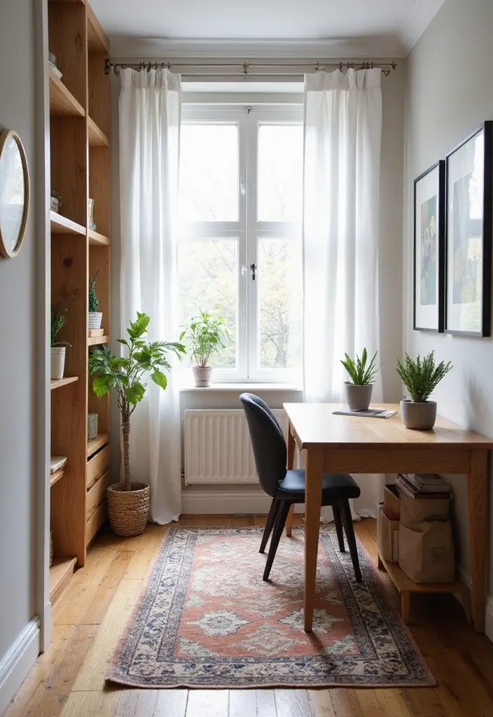 30 Narrow Home Office Layout Ideas for the Smallest Corners - 22. Use Rugs to Define Areas