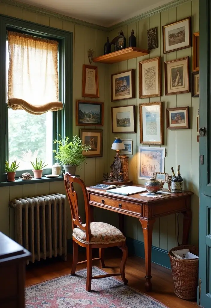 30 Narrow Home Office Layout Ideas for the Smallest Corners - 23. Incorporate Vintage Finds