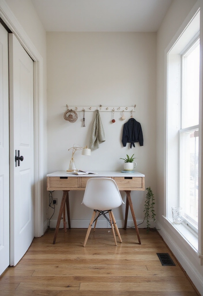 30 Narrow Home Office Layout Ideas for the Smallest Corners - 25. Use Space-Saving Wall Hooks