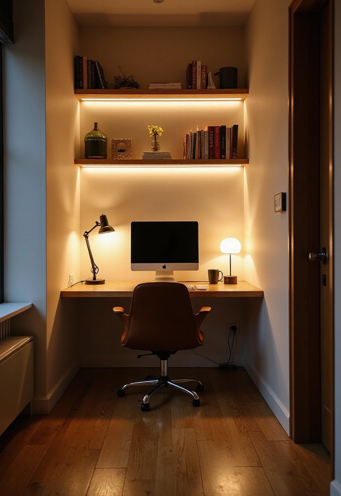 30 Narrow Home Office Layout Ideas for the Smallest Corners - 6. Smart Lighting Solutions