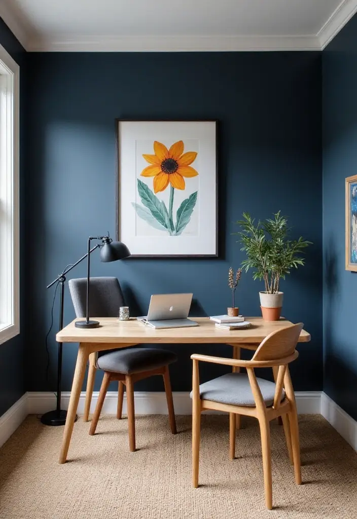 30 Navy Blue Office Ideas That Feel Rich and Powerful - 1. Elegant Navy Blue Accent Walls