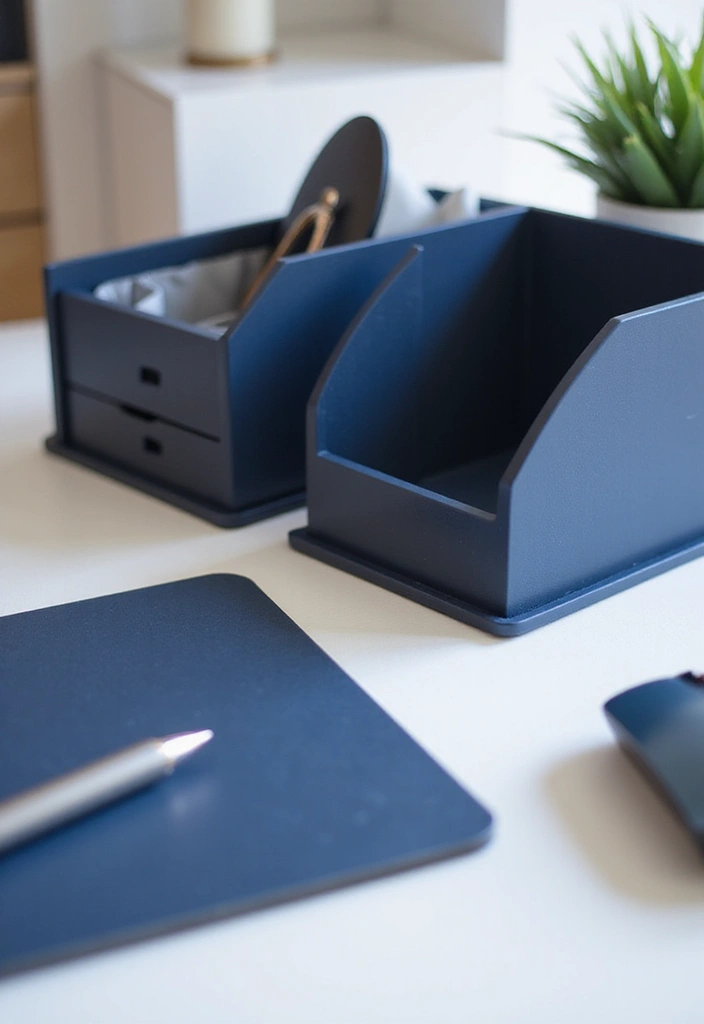 30 Navy Blue Office Ideas That Feel Rich and Powerful - 11. Navy Blue Desk Accessories