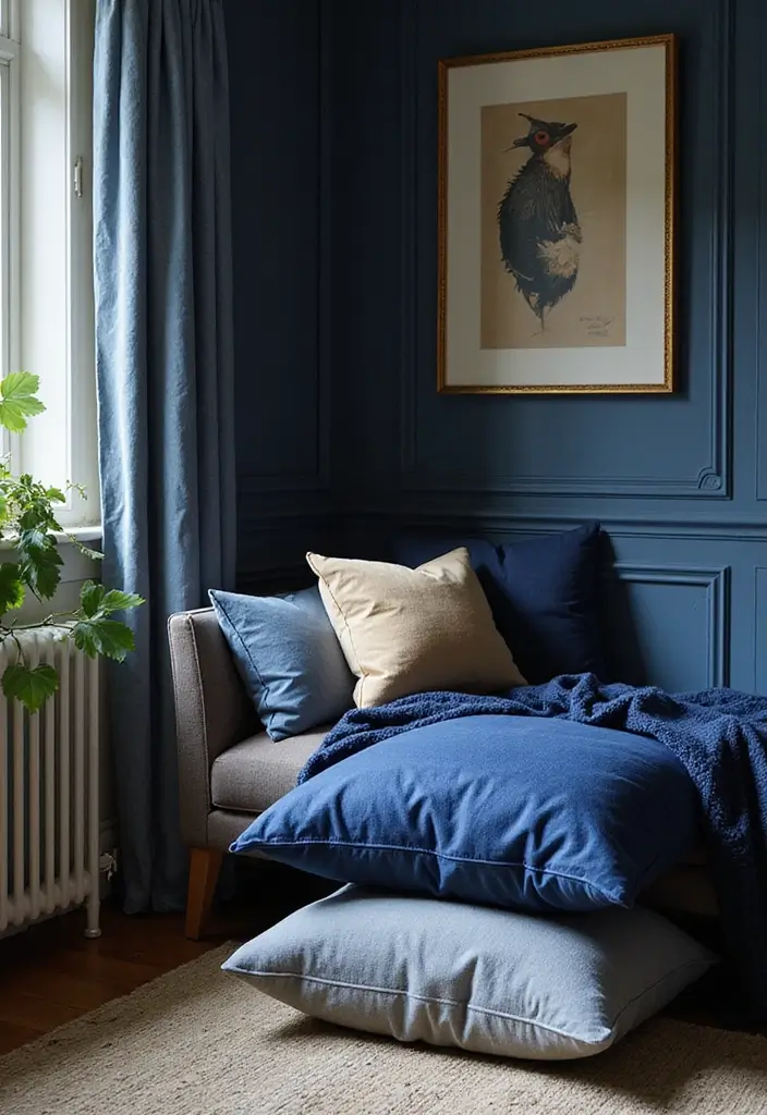 30 Navy Blue Office Ideas That Feel Rich and Powerful - 13. Layered Textiles in Navy