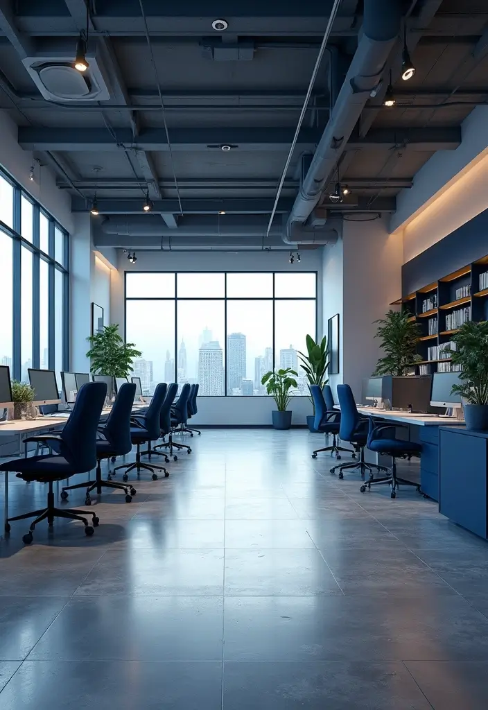 30 Navy Blue Office Ideas That Feel Rich and Powerful - 14. Navy Blue Open Floor Plan